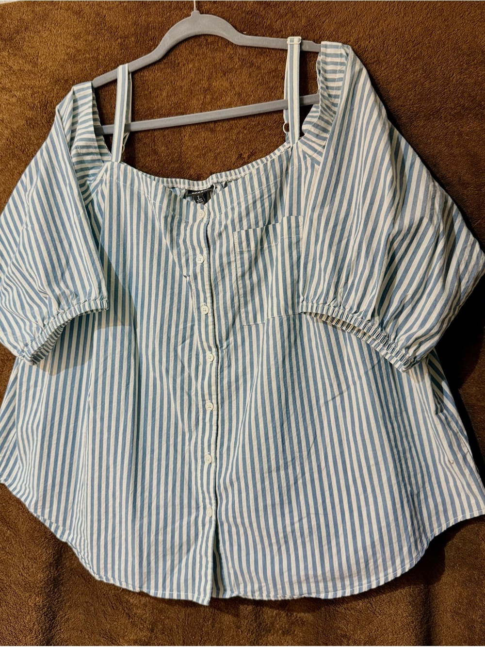 torrid Blue and White Striped Off-Shoulder Button-Down Top